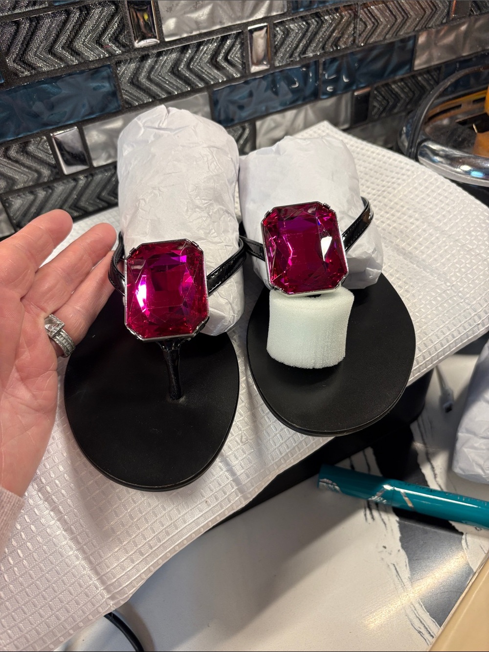 a new day Black Thong Sandals with Fuchsia Gem